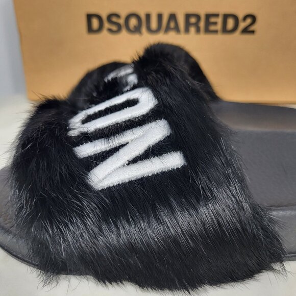 NWB~$825~DSQUARED2~8/8.5~ICON BLACK WHITE GENUINE RABBIT FUR SANDALS SLIDES - Picture 11 of 16